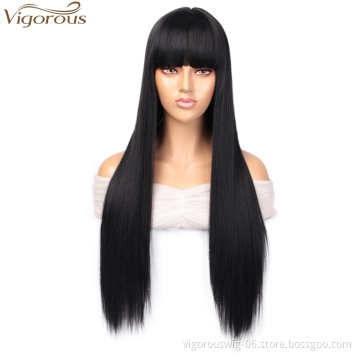 Vigorous Heat Resistant Fiber Lace Front Long Silky Straight Wigs With Bangs Synthetic Black Wigs For Black Women